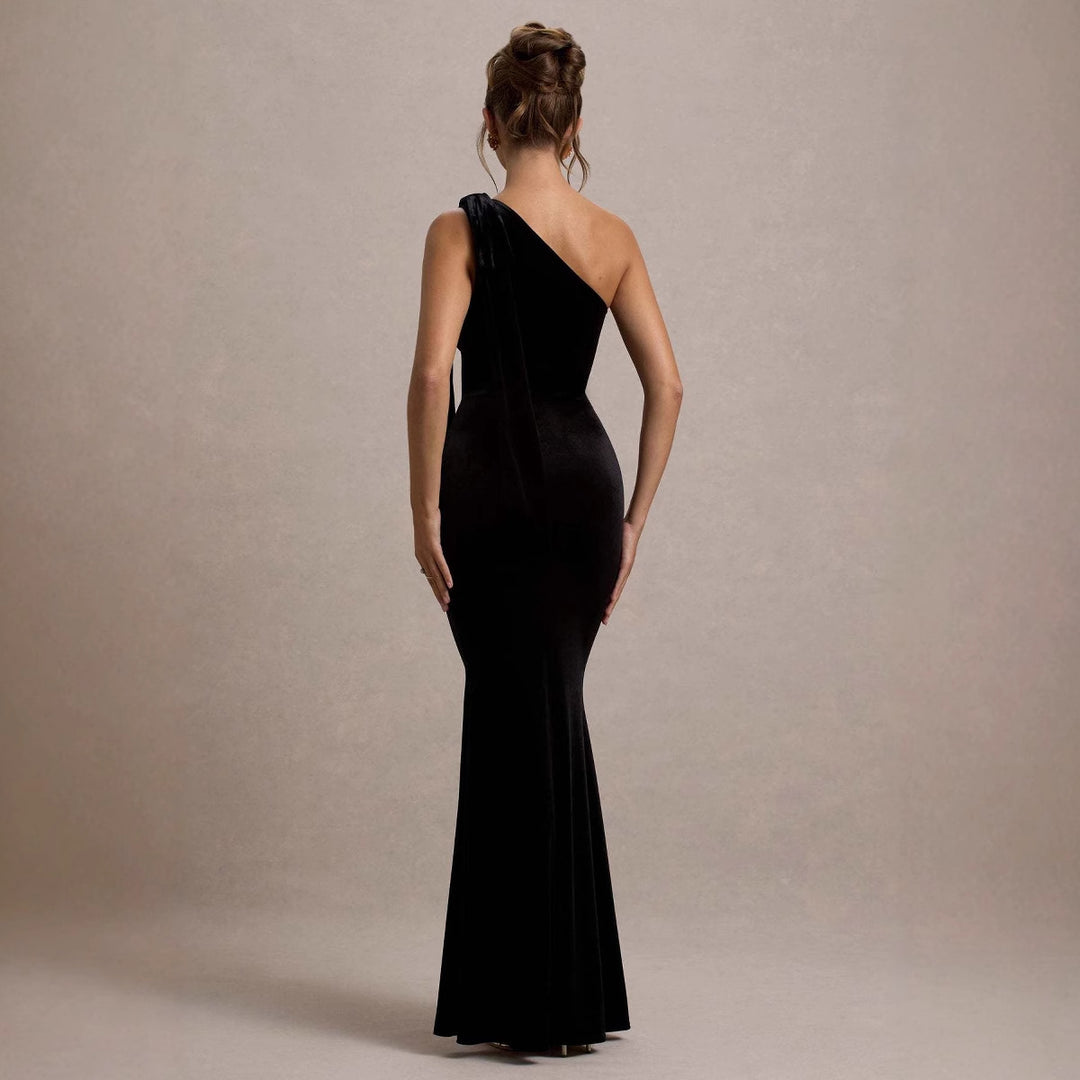 Damen figurbetontes Abendkleid mit asymmetrischem Träger und schickem Saum R&B