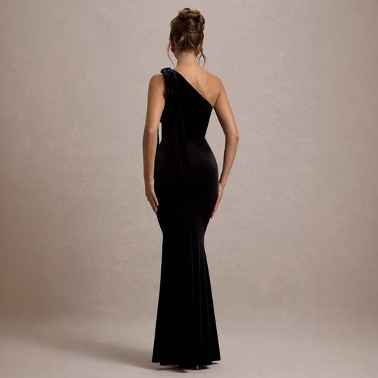 Damen figurbetontes Abendkleid mit asymmetrischem Träger und schickem Saum R&B