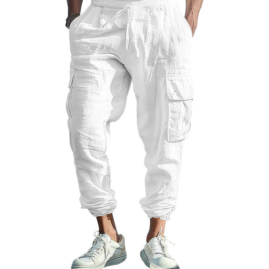 Herren nan lässige Leinen-Cargo-Jogger mit Kordelbund, großen Klapptaschen und elastischem Knöchelabschluss R&B
