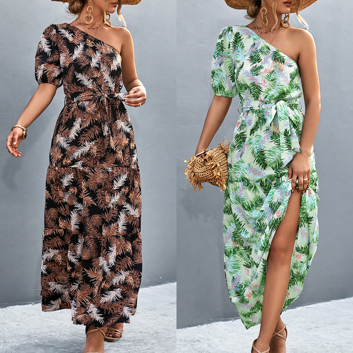 Damen Maxikleid mit asymmetrischem Schnitt und einzigartigem Palmblätterdruck R&B