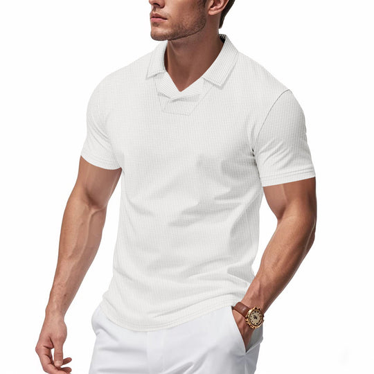 Herren nan strukturiertes Kurzarm-Polo mit offenem V-Kragen und körpernaher Passform R&B