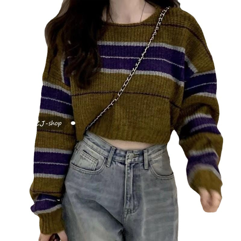 Damen kurz geschnittener Strickpullover mit horizontalem Streifenmuster R&B