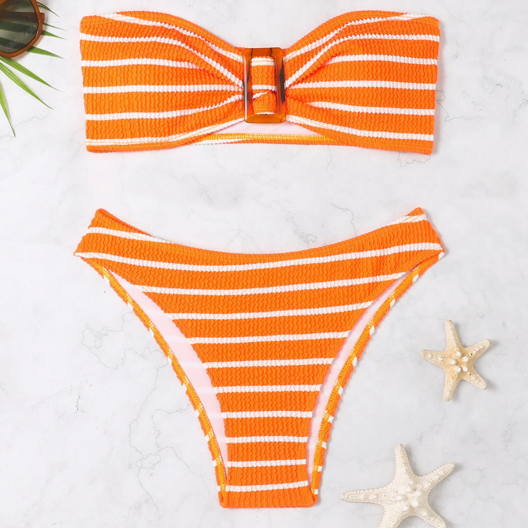 Damen Bandeau-Bikini mit modischem Streifenmuster und dekorativer Schnalle R&B