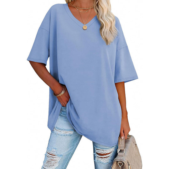 Damen Oversized T-Shirt mit V-Ausschnitt und seitlichen Schlitzen R&B