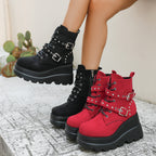 Damen Wedge-Stiefel mit modischen Schnallen und robustem Plateau R&B