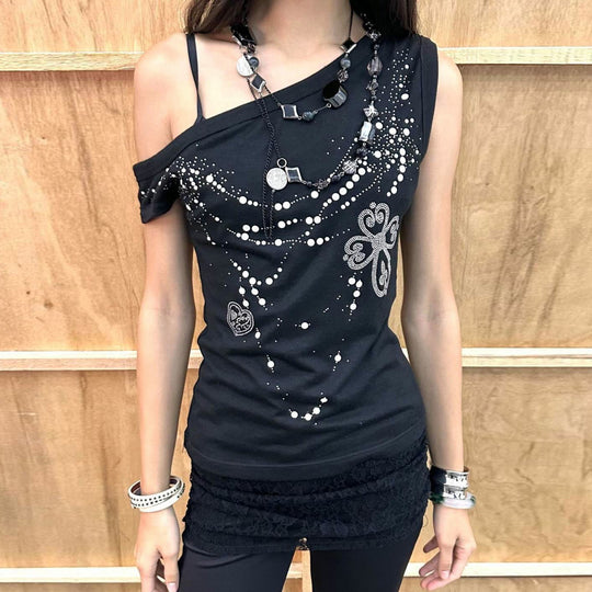 Damen asymmetrisches Tanktop mit stylischem Druck und verzierten Applikationen R&B