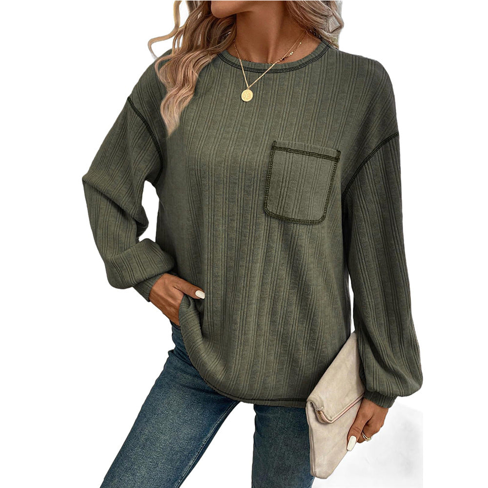 Damen Bequemer Langarm-Shirt mit Rippenstruktur und Brusttasche R&B