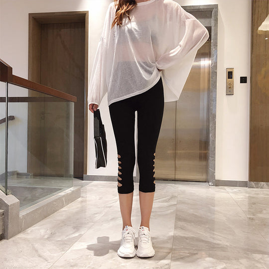 Damen Modische Leggings mit transparenten Netzdetails und Schleifen R&B