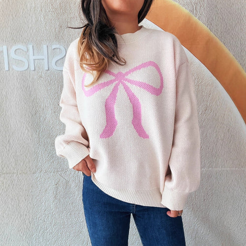 Damen kuscheliger Pullover mit verspieltem Schleifenmuster R&B