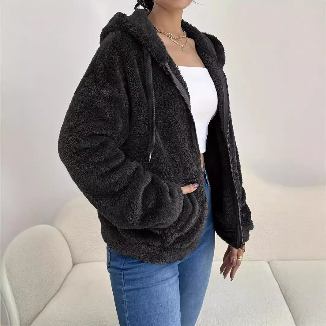 Damen kuschelige Fleecejacke mit Kapuze und seitlichen Taschen R&B