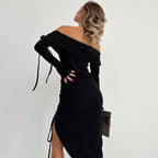 Damen Off-Shoulder Maxikleid mit Raffung und hohem Schlitz R&B