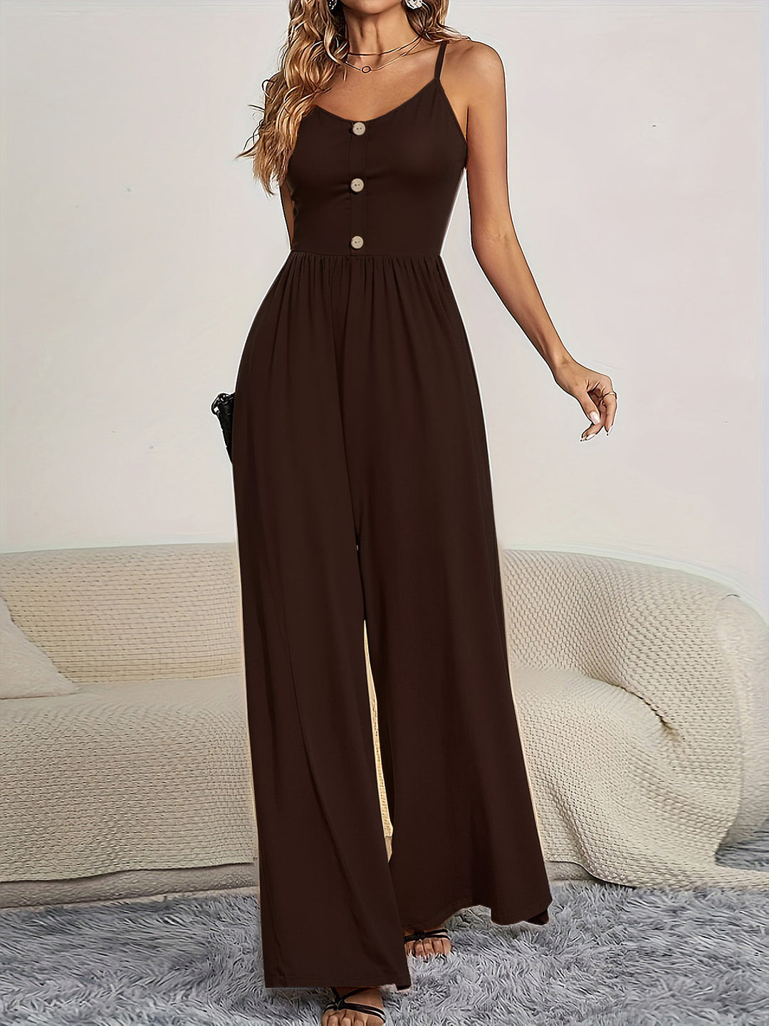 Damen Jumpsuit mit knöpfbarem Oberteil und weitem Bein R&B