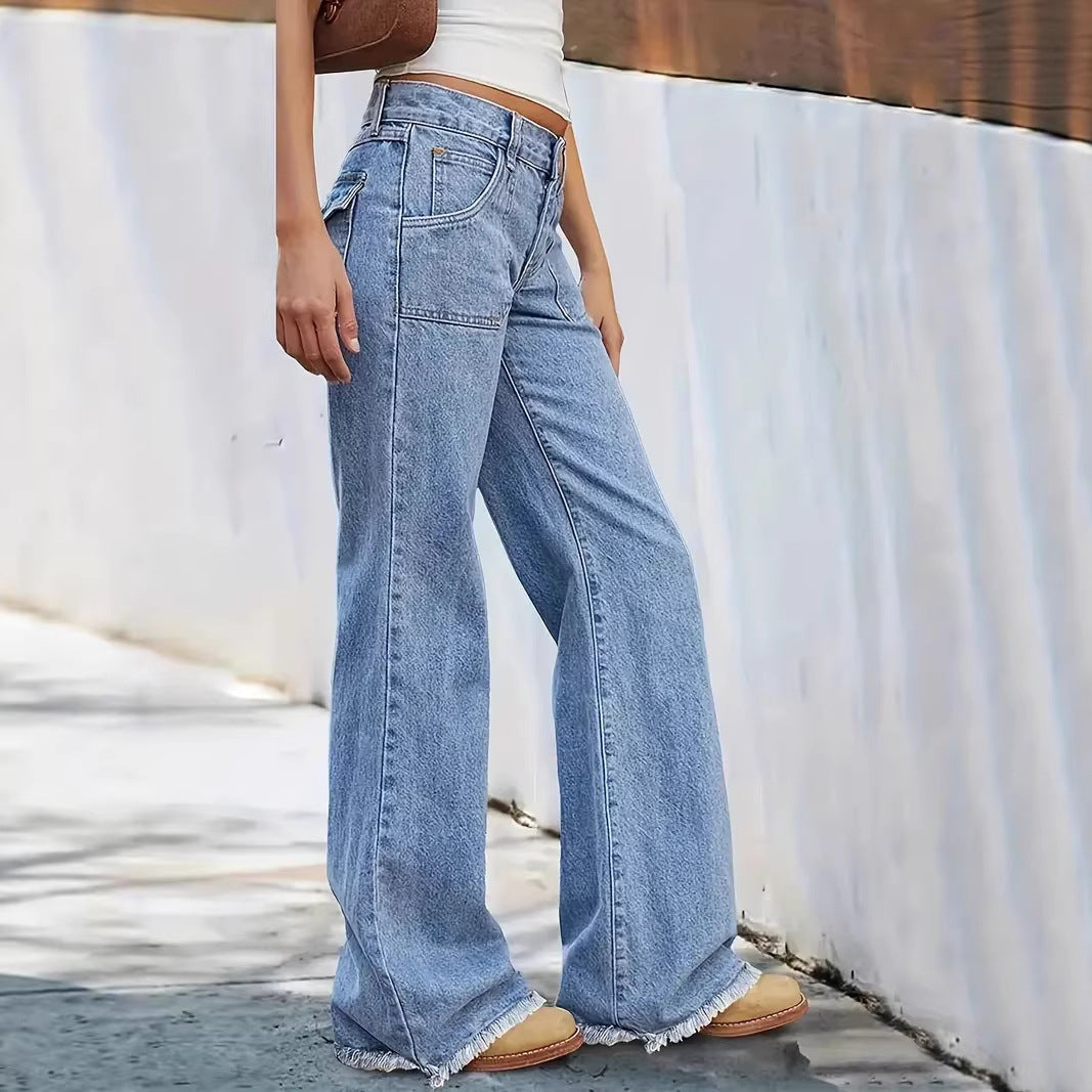 Damen weit geschnittene Jeans mit fransigem Saum R&B