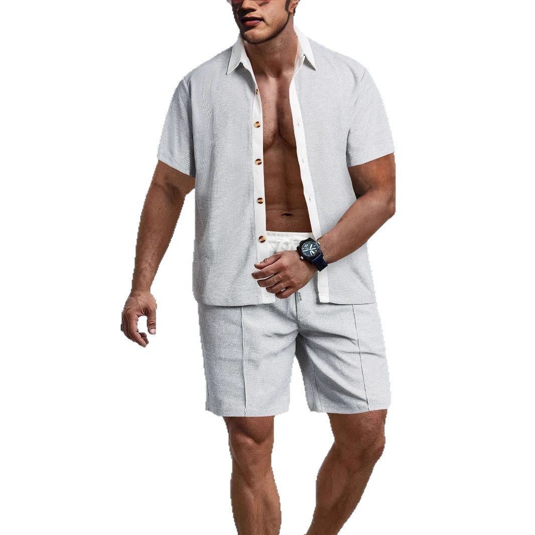 Herren nan modernes Freizeit-Set aus feinem Strukturjersey mit Hemdkragen-Knopfleiste und Kordel-Shorts R&B