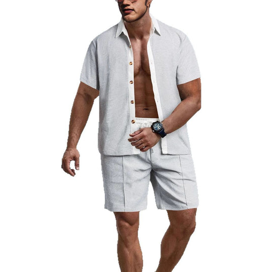Herren nan modernes Freizeit-Set aus feinem Strukturjersey mit Hemdkragen-Knopfleiste und Kordel-Shorts R&B