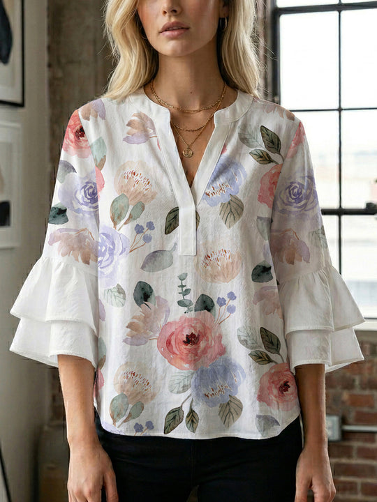 Damen Elegantes Oberteil mit voluminösen Rüchenärmeln und floralem Druck R&B