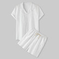 Damen Kurzarm-Pyjama-Set aus leichtem Baumwollmaterial mit praktischer Knopfleiste und elastischem Bund
