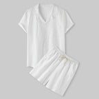 Damen Kurzarm-Pyjama-Set aus leichtem Baumwollmaterial mit praktischer Knopfleiste und elastischem Bund