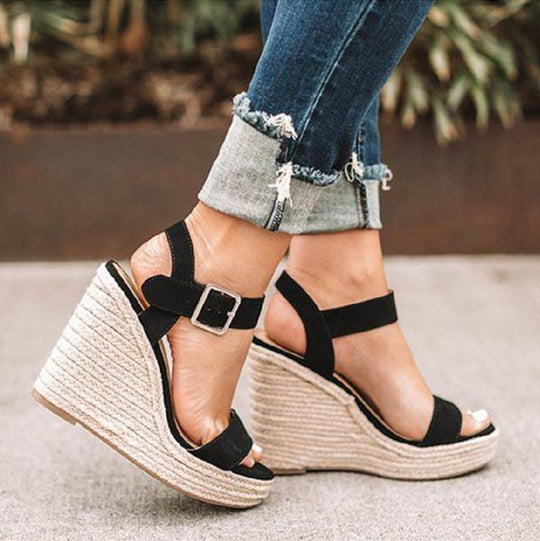 Damen Wedge-Sandalen mit geflochtenem Jute-Detail und verstellbarem Riemen R&B