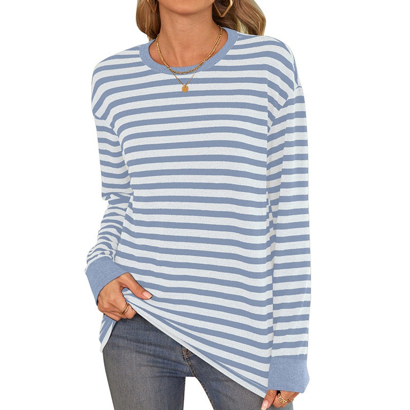 Damen bequemes Langarmshirt mit gestreiftem Design und Rundhalsausschnitt R&B