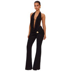 Damen elegantes, figurbetontes Jumpsuit mit tiefem Ausschnitt und weitem Bein R&B