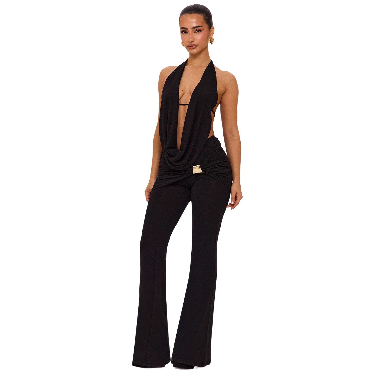 Damen elegantes, figurbetontes Jumpsuit mit tiefem Ausschnitt und weitem Bein R&B