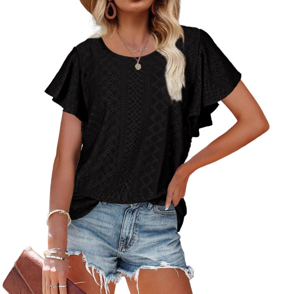 Damen Kurzärmlige Bluse mit Rüschendetails und Lochmuster R&B