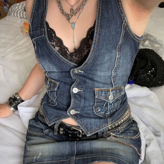 Damen Denim-Bustierjacke mit nostalgischem Spitzeneinsatz und dekorativen Knopfdetails R&B