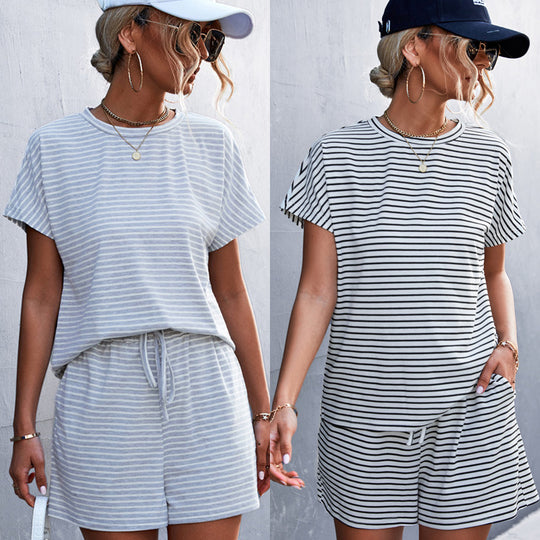 Damen Freizeit-Shortsset mit gestreiftem Oberteil und bequemen Taschen R&B