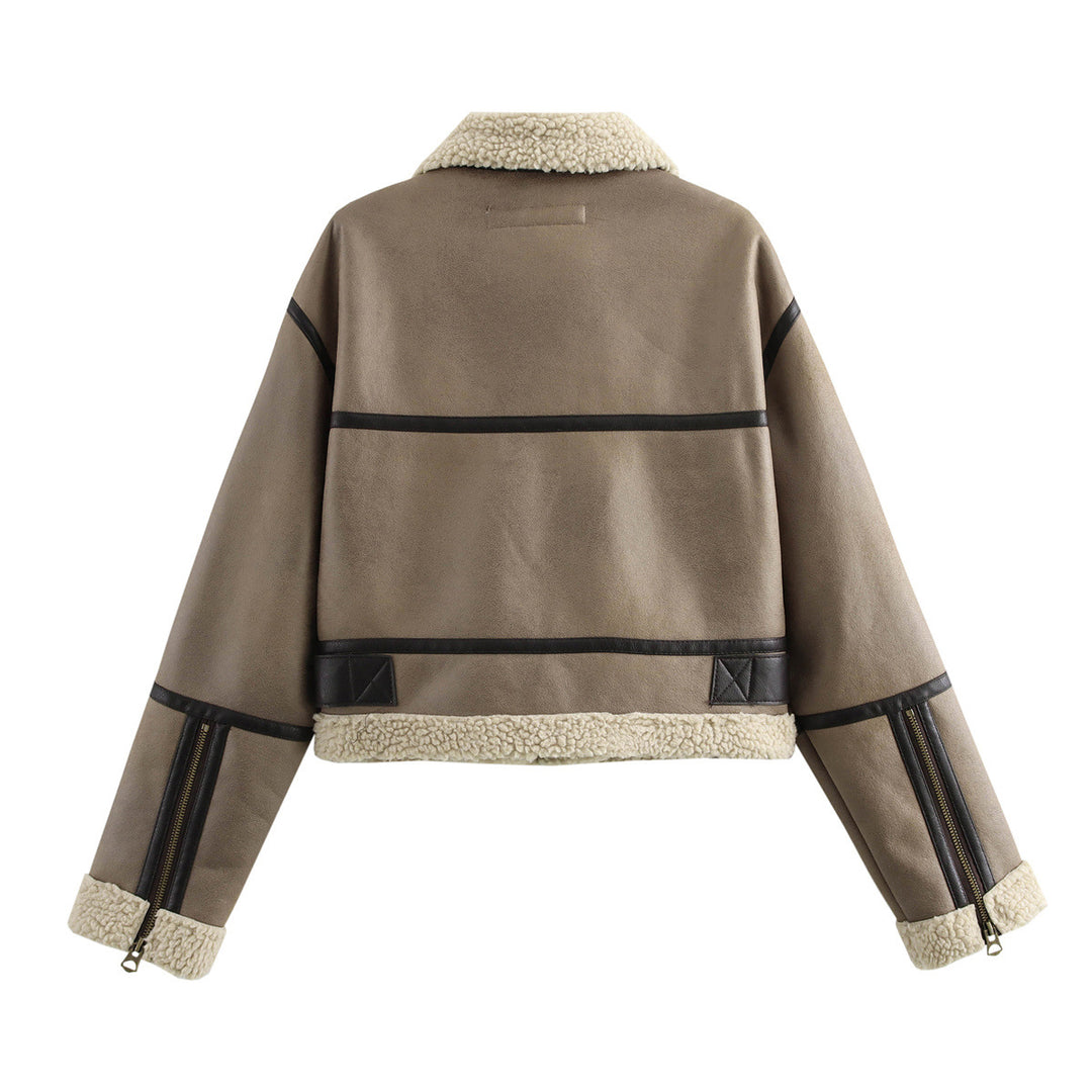Damen lässige jacke mit Teddyfellkragen und verstellbarem Gürtel R&B