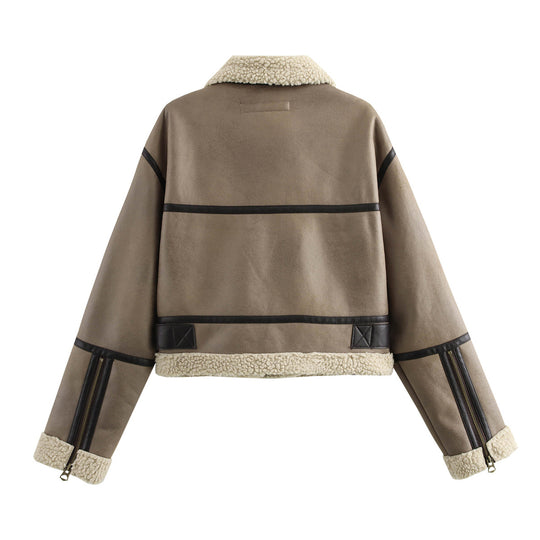 Damen lässige jacke mit Teddyfellkragen und verstellbarem Gürtel R&B