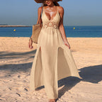 Damen Maxikleid mit filigranem Häkelmuster und hohem Schlitz R&B