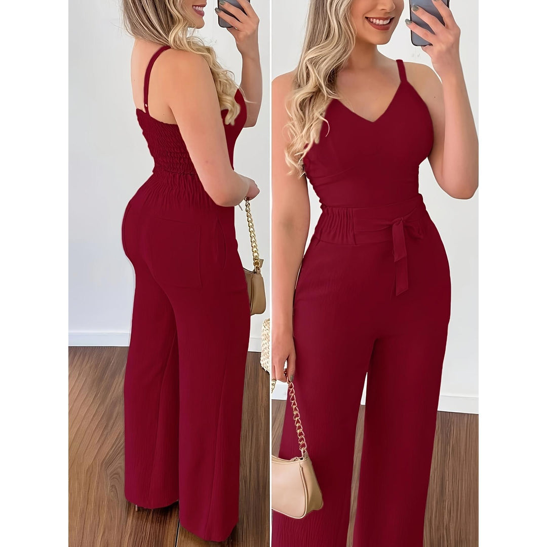 Damen eleganter Jumpsuit mit Taillengürtel und weitem Bein R&B