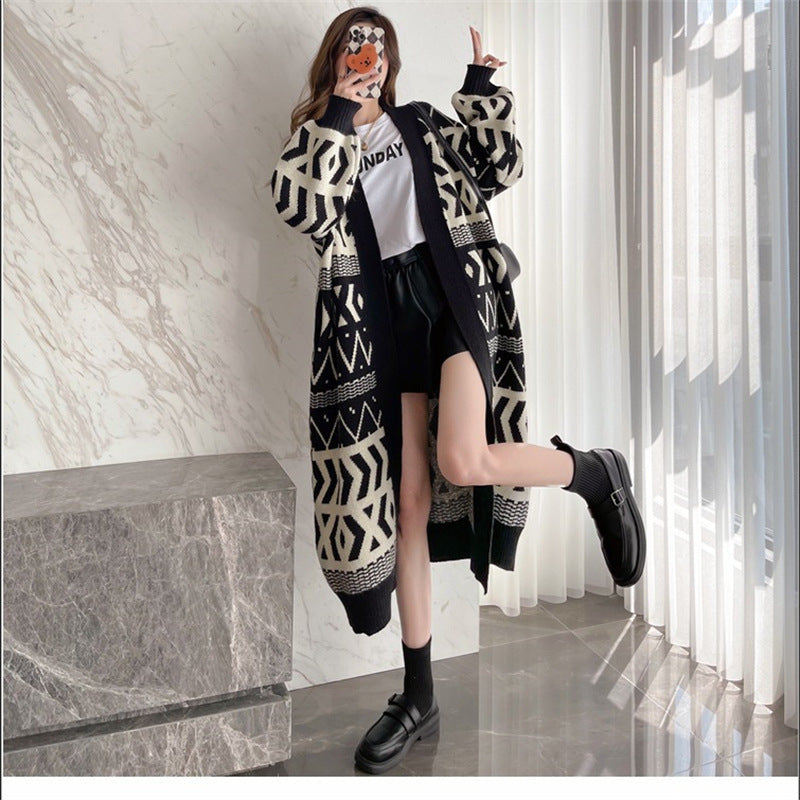 Damen Long Cardigan mit grafischem Design und tiefen Taschen R&B