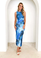Damen Elegantes Bodenlanges Kleid mit modernem Aquarellmuster und figurbetontem Schnitt R&B