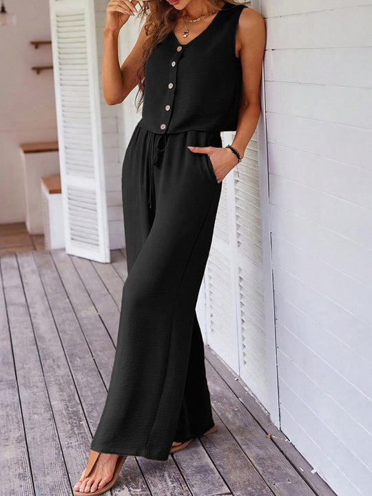 Damen Jumpsuit mit Knopf und weitem Bein R&B