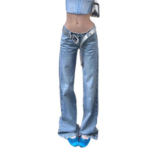 Damen Weit geschnittene Jeans mit hohem Bund und trendy Gürtel R&B