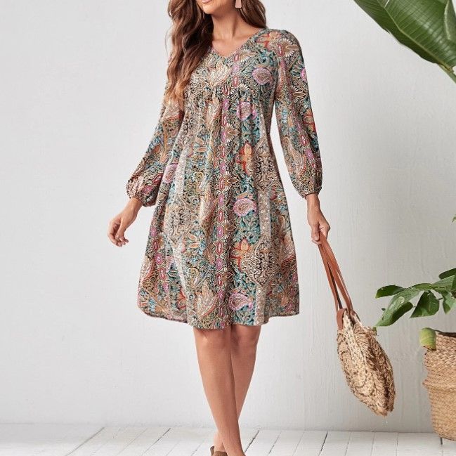 Damen Freizeitkleid mit tiefem V-Ausschnitt und langen Ärmeln R&B