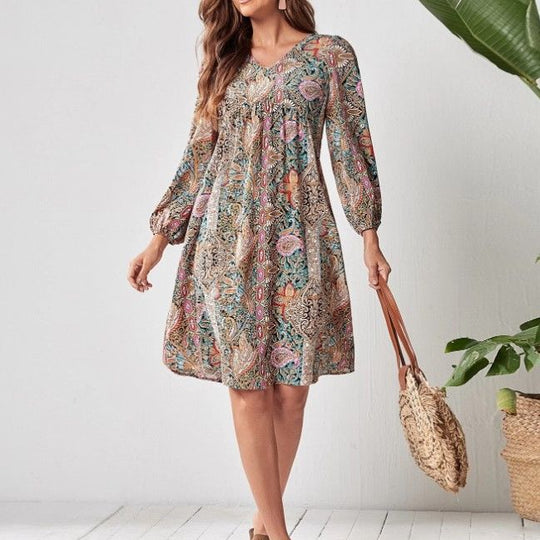 Damen Freizeitkleid mit tiefem V-Ausschnitt und langen Ärmeln R&B