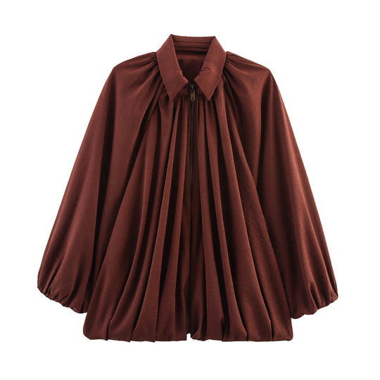 Damen leichte Satinjacke mit tiefem V-Ausschnitt und elastischen Bündchen R&B