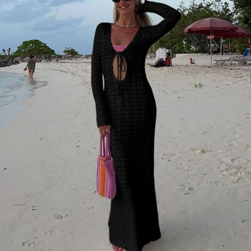 Damen luftiges Häkel-Strandkleid mit V-Ausschnitt und Schnüroptik R&B