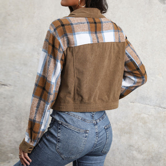 Damen Karo-Cordjacke im lässigen Cropped-Stil mit Brusttaschen R&B