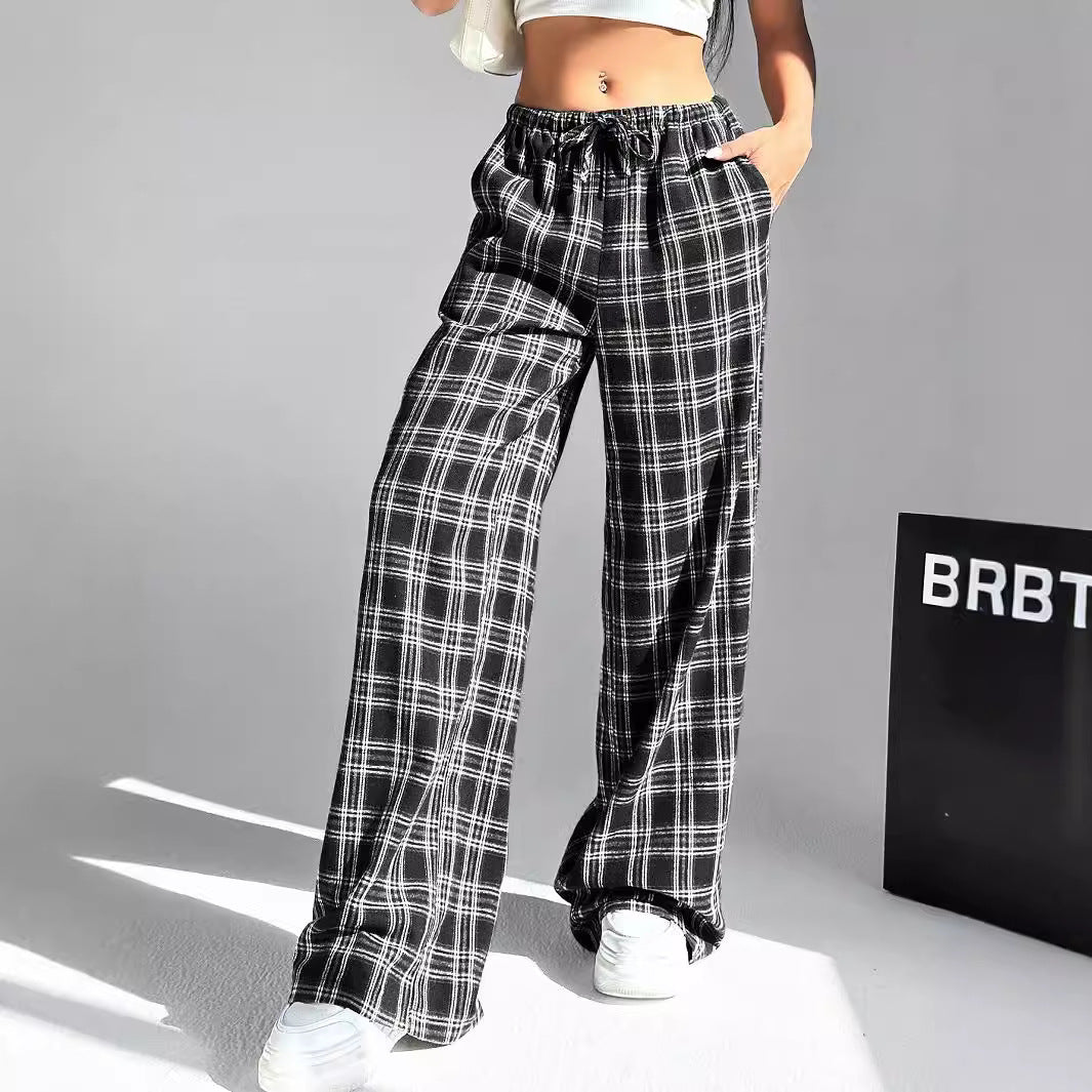 Damen weite Karo-Hose aus angenehmem Baumwollstoff mit Gummibund und seitlichen Taschen R&B