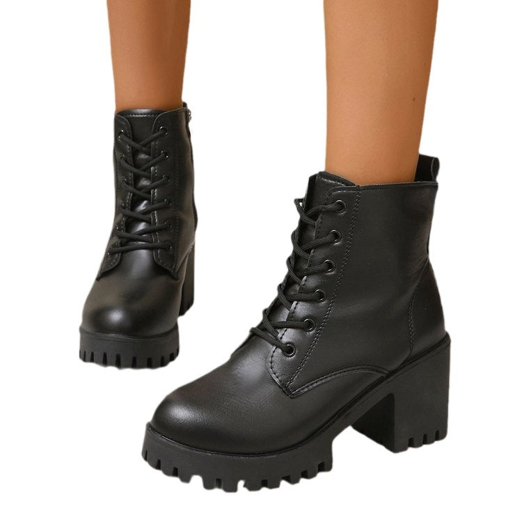 Damen High-Top Stiefeletten mit robustem Blockabsatz und Schnürung R&B
