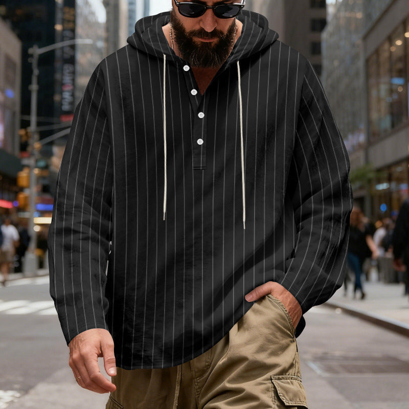 Herren nan gestreiftes Henley-Kapuzenhemd mit Langarm, lockerem Schnitt und Kordelzug R&B