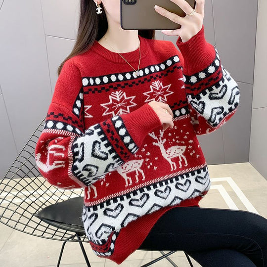 Damen Grobstrickpullover mit festlichem Rentiermotiv und modernem Design R&B