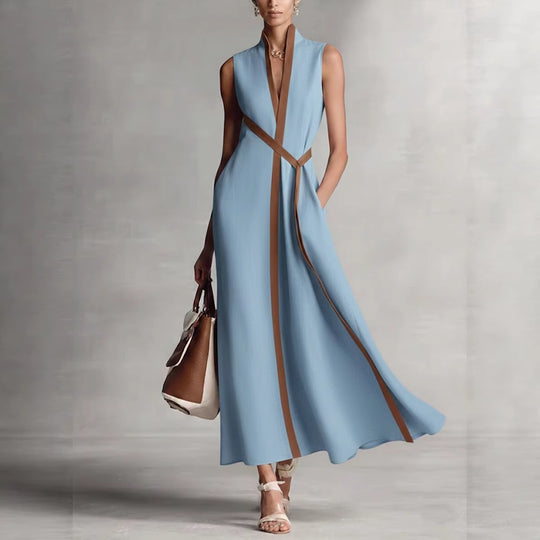 Damen elegantes Maxikleid mit Taillenschnitt und schmalem Gürtel R&B