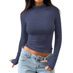 Damen hochwertiges Langarmshirt mit Stehkragen und feiner Rippstruktur R&B