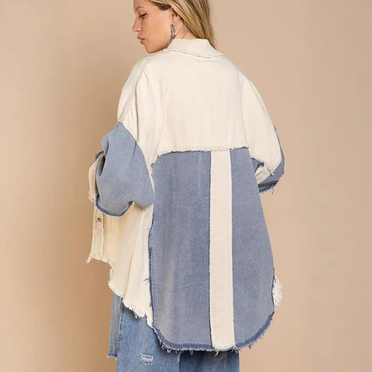 Damen Oversized Denim Jacke mit einzigartigen Farbblöcken und fransigen Details R&B
