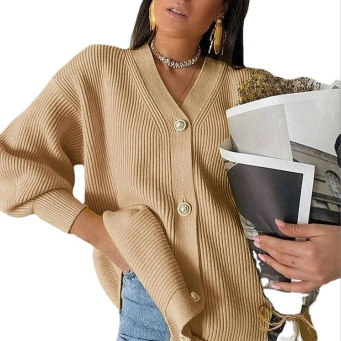 Damen Übergroße Strickjacke mit tiefem V-Ausschnitt und eleganten Knöpfen R&B